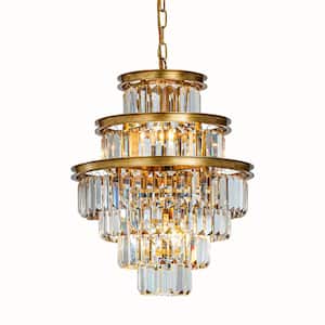 16 in. 4-Light W Matte Gold Modern Glam Round Tier Fringe Crystal Chandelier in Luxury Hanging Light for Living Room