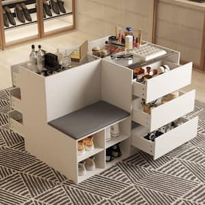 White 9-Drawer 47.2 in. Width Bedroom Dresser Jewelry Armoire Makeup Island with Glass Top and Shoe Bench, Shoe Storage