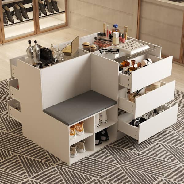 White 9-Drawer 47.2 in. Width Bedroom Dresser Jewelry Armoire Makeup Island with Glass Top and Shoe Bench, Shoe Storage