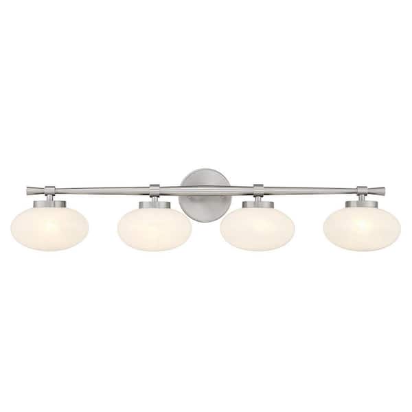 Barrow 33.75 in. W x 8 in. H 4-Light Satin Nickel Bathroom Vanity Light with Strie Glass Shades