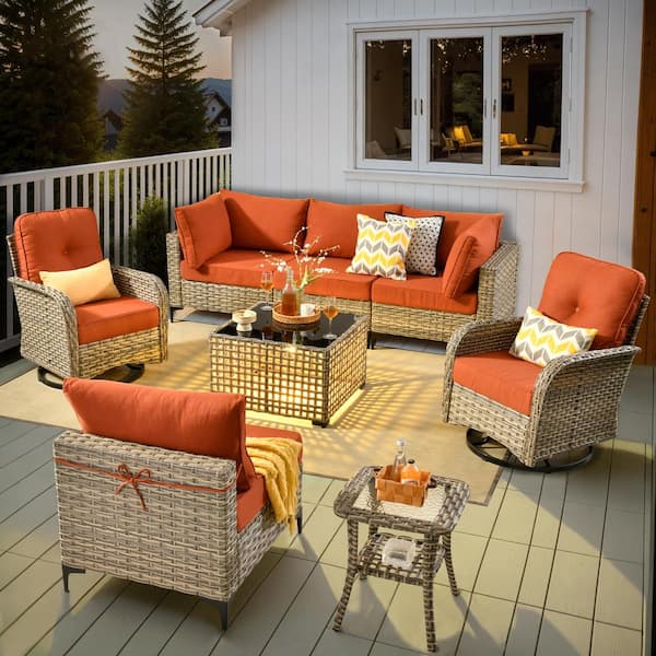 OVIOS Vinceny Gray 8-Piece Wicker Patio Furniture Set with Bold-stripe Orange Red Cushions and Swivel Chairs