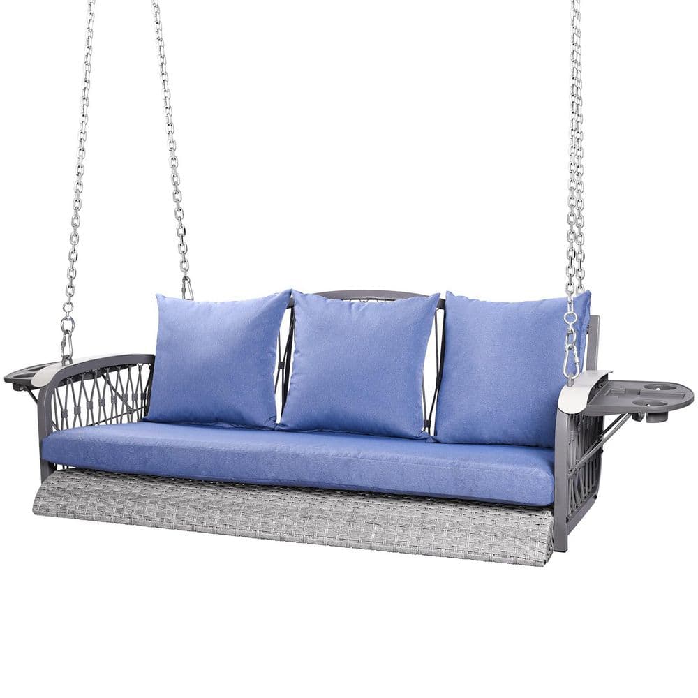 Heavy Duty 900 LBS 3 Person Wicker Porch Swing, Outdoor Hanging Swing Chair with Cup-Holder, and Light Blue Cushions price history on PriceWatchPro