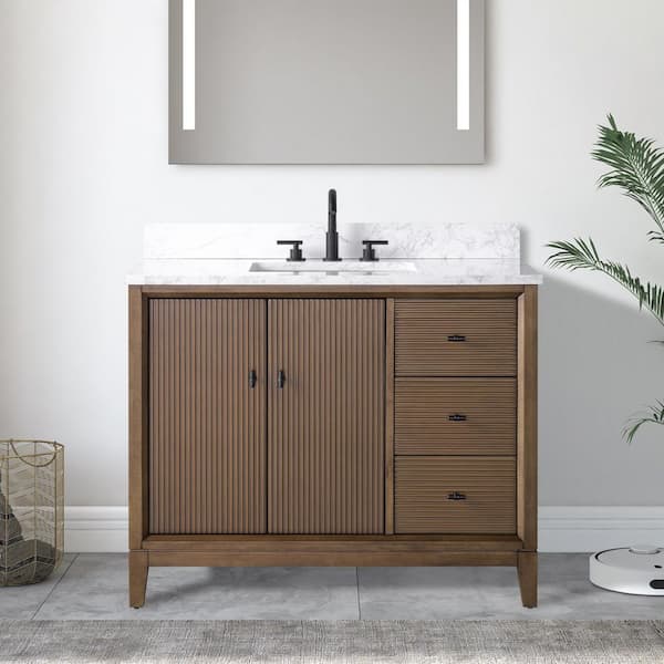 42 in. W x 22 in. D Single Sink Freestanding Walnut Bath Vanity Cabinet with White Engineered Marble Top