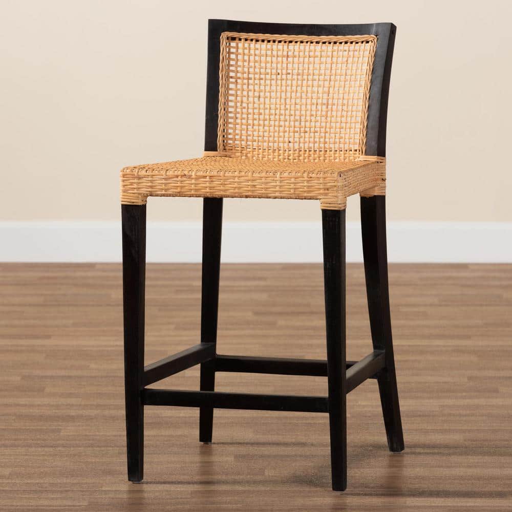 Lingga Dark Brown Mahogany Wood and Natural Rattan Counter Stool