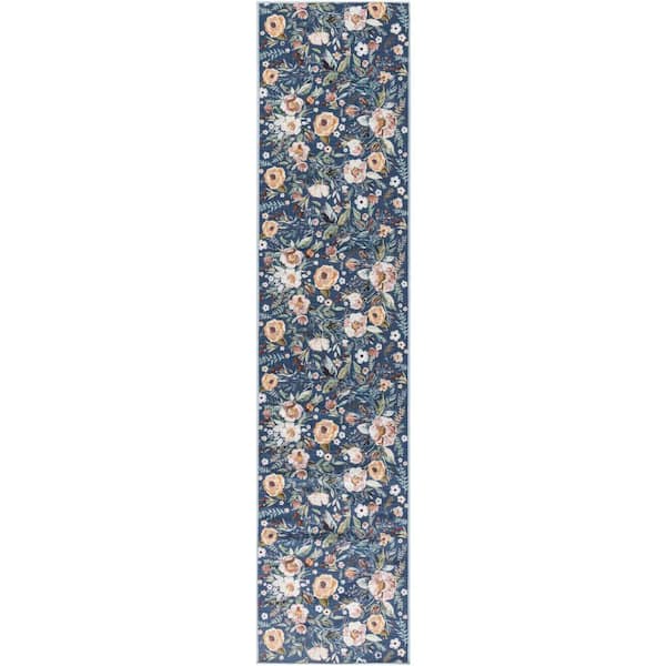 Washables Navy Multicolor 2 ft. x 8 ft. Botanical Traditional Runner Area Rug