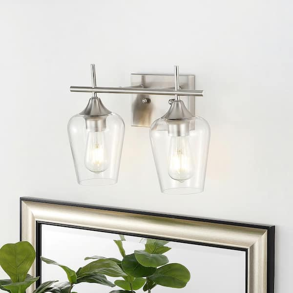13.9 in. 2-Light Brushed Nickel Bathroom Vanity Light with Clear Glass Shades