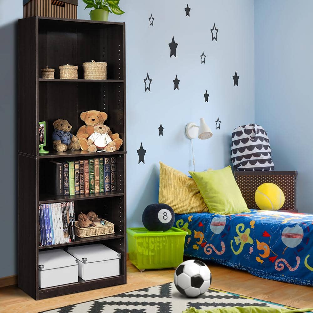 Espresso Adjustable 5-Shelf Wooden Bookcase with Storage Cubes