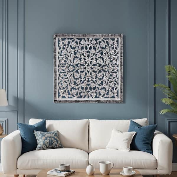 Ozy 36 in. x 1 in. Distressed Black and White Mango Wood Carved by Wall Art