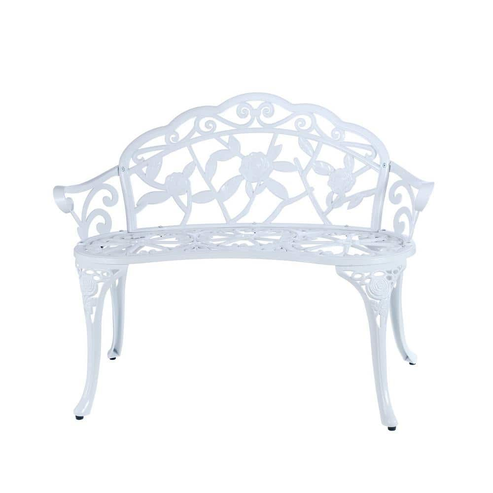 Angel Sar 2-Person White Metal Outdoor Garden Bench with Flowers ...