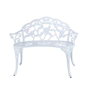2-Person White Metal Outdoor Garden Bench with Flowers Backrest and Armrests for Garden Park Yard Patio and Lawn