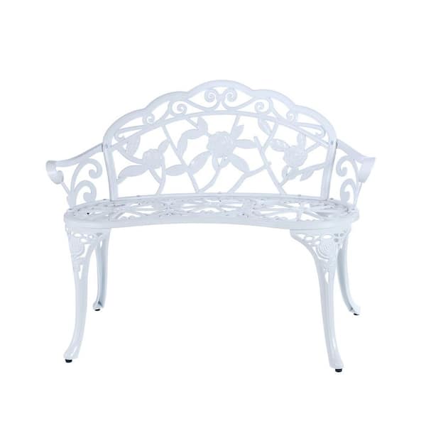 Angel Sar 2-Person White Metal Outdoor Garden Bench with Flowers Backrest and Armrests for Garden Park Yard Patio and Lawn