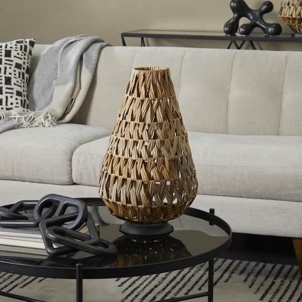 Litton Lane Light Brown Plastic Rattan Handmade Decorative Candle Lantern with Wrapped Zig Zag Design