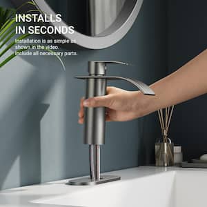 Waterfall Single Hole Single Handle Modern Bathroom Sink Faucet with Deckplate and Pop-Up Drain in Brushed Nickel