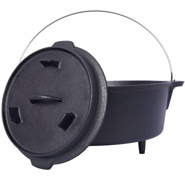 8 qt. Cast Iron Dutch Oven with Skillet Lid & Leg Base, Outdoor Camping Deep Pot for Camping Fireplace Cooking
