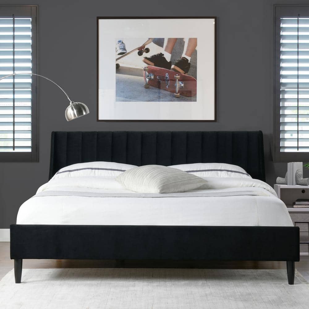 Aspen Anthracite Black Velvet King Platform Bed Frame with Tufted Headboard