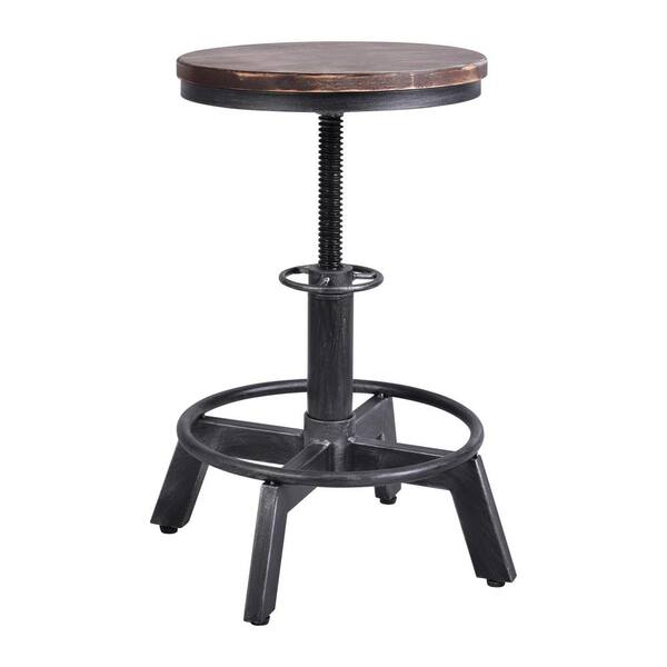 Today's Mentality Howard Adjustable Silver Brushed Gray with Rustic Pine Wood Seat Bar Stool