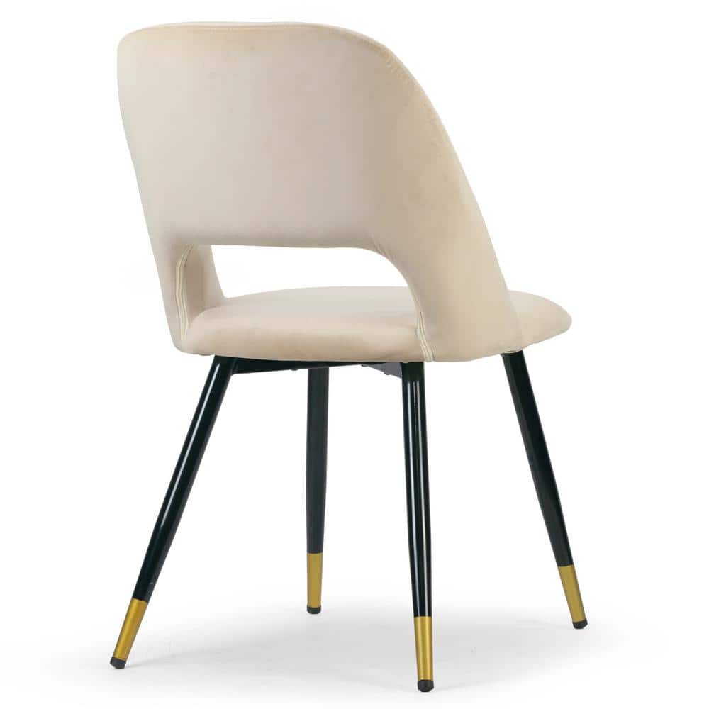 Beige Velvet Upholstered Side Chair with Black Metal Legs