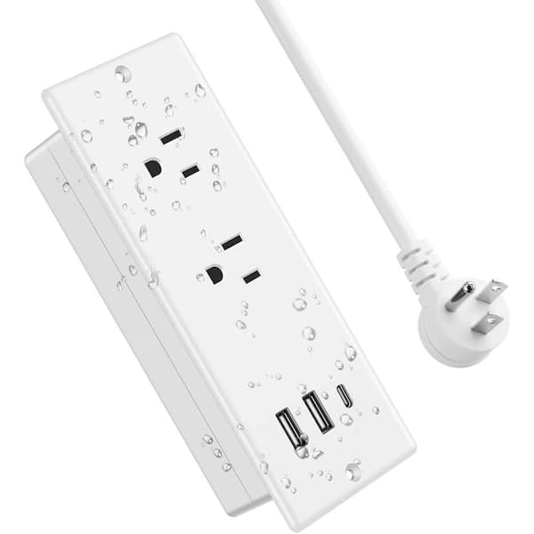 6 ft. Recessed Power Strip Waterproof with 2-Outlets, PD 20-Watt 1 USB-C Fast Charging and 2 USB-A Ports in White