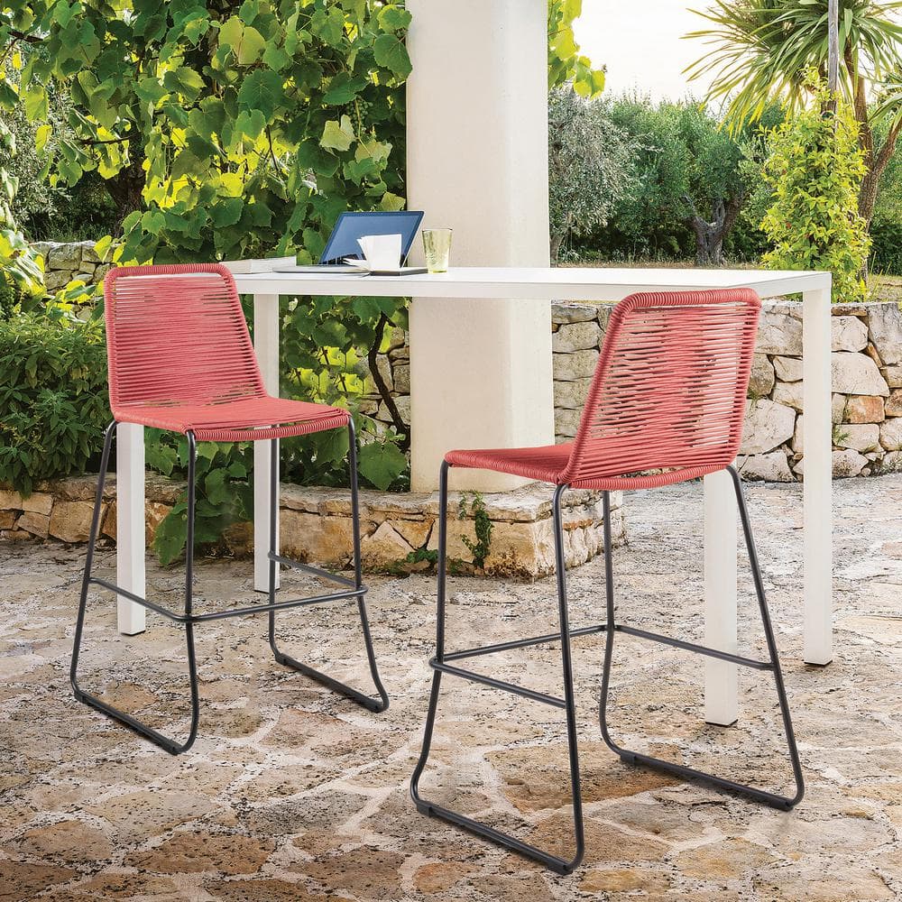 Shasta 30 in. Outdoor Metal and Brick Red Rope Stackable Barstool (Set of 2