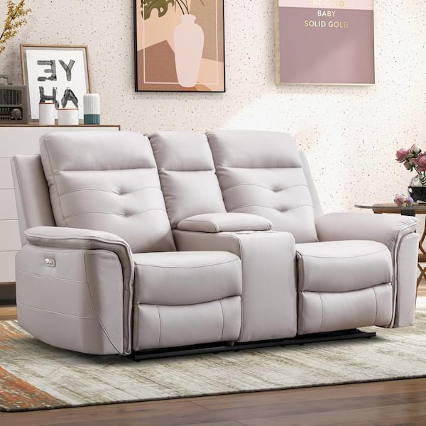 Bestier 76.66 in. Grey Leather Power Recliner with Center Console 2 Seat Recliner with 2 Cup Holders and USB Port