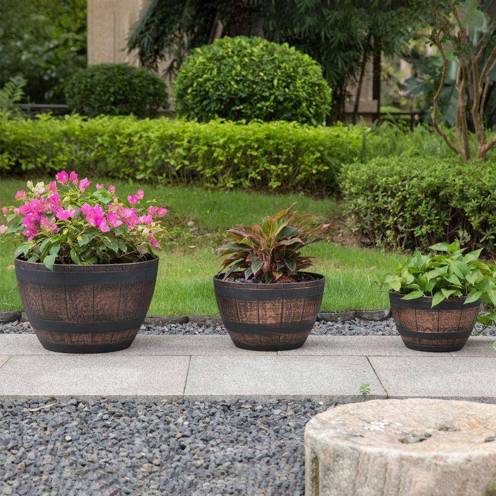 Small Brown Rustic Plastic Half Barrel Planter Bowl