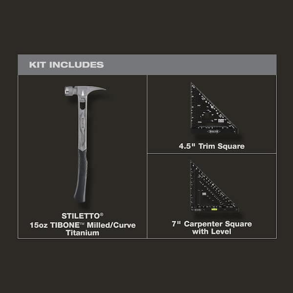15 oz. TiBone Milled Face with Curved Handle with 7 in. Carpenter Square with Level and 4.5 in. Trim Square (3-Piece)