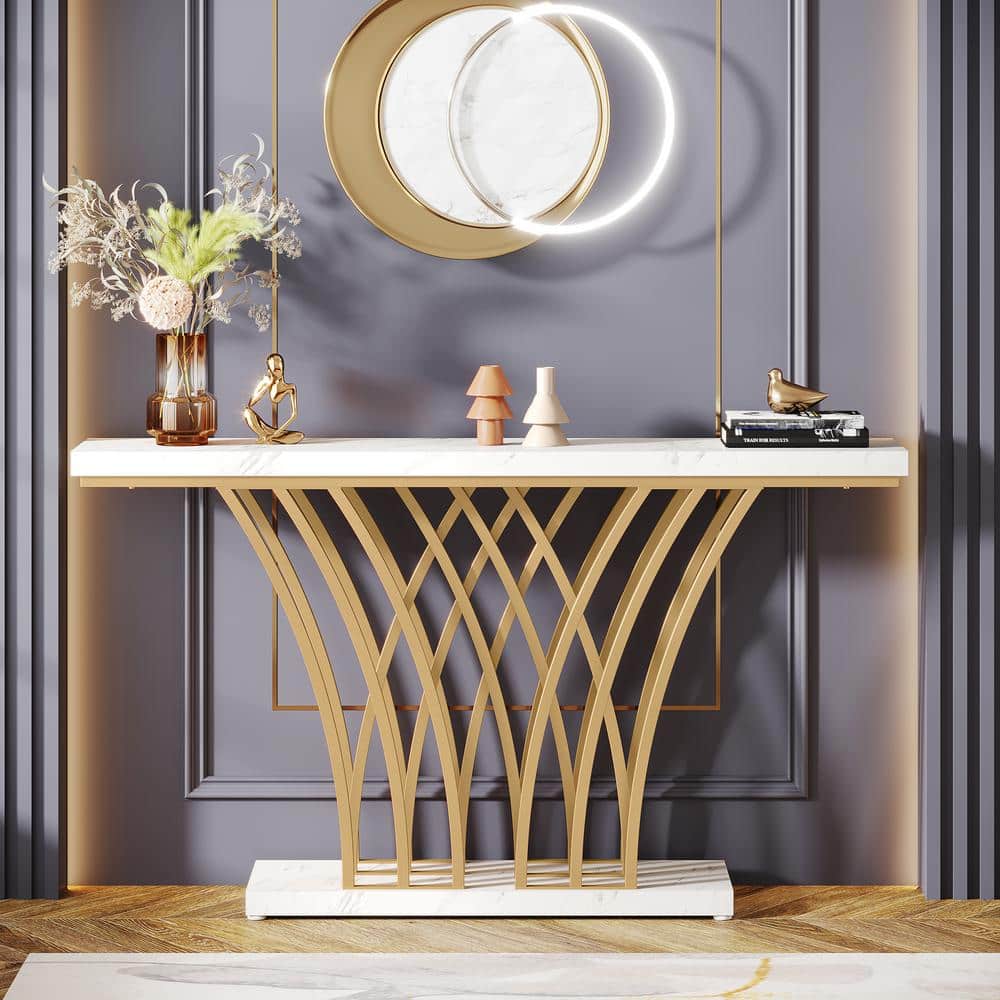 59'' Gold Console Table with White Faux Marble Top and Grid Metal Base