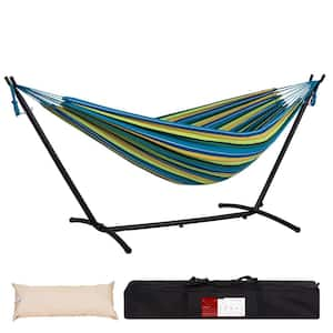 9 ft. 2-Person Double Fabric Hammock with Free Standing Steel Stand Include Carrying Bag and Pillow, Green Stripes