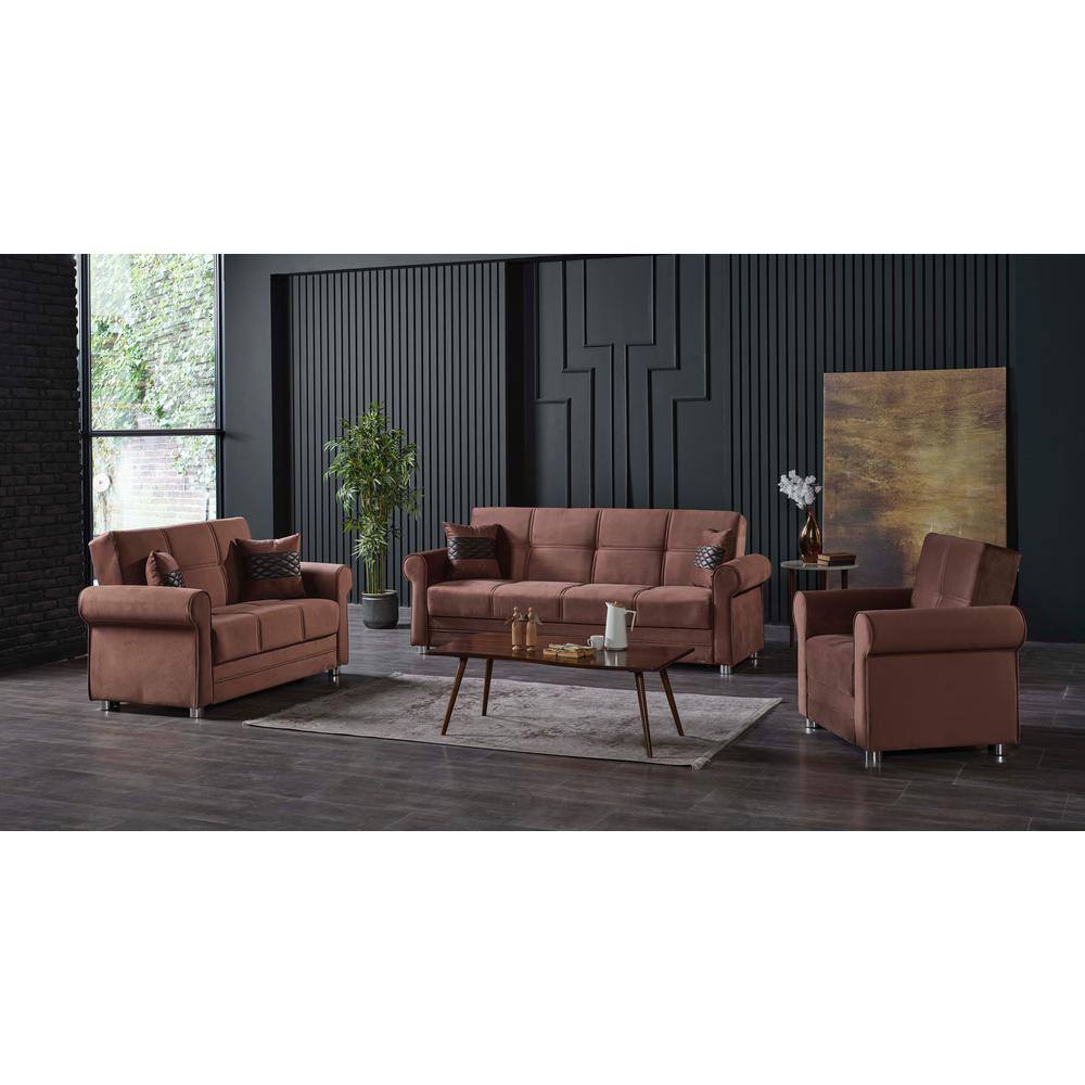 Chenille Brown Microfiber Loveseat with Round Arm and Storage