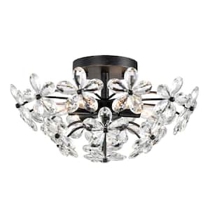 Teresa 17.7 in. Dia 6-Light Antique Black Flower Crystal Flush Mount with No Bulbs Included
