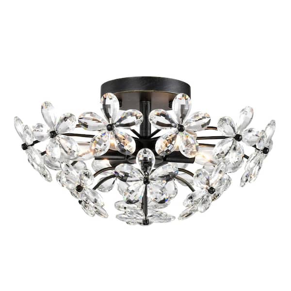 Jojospring Teresa 17.7 in. Dia 6-Light Antique Black Flower Crystal Flush Mount with No Bulbs Included
