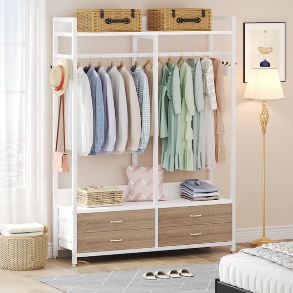 Carmalita Modern Walnut White Wood 47.2 in. Armoire Closet Organizer Hanging Rod Garment Shelves 4-Drawers 8-Hooks Rack