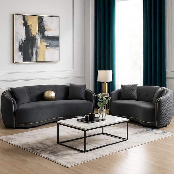 Buo 2-Piece Dark Gray Velvet Gold Trim Sofa and Loveseat Living Room Set