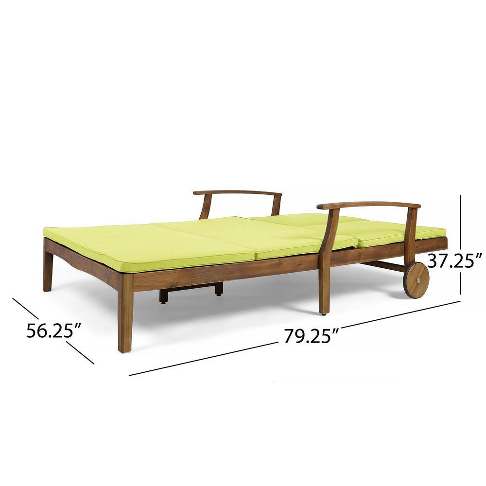 Scandinavian Teak Brown Double Chaise Lounger with Green Cushions