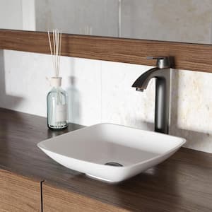 Matte Stone Hyacinth Composite Square Vessel Bathroom Sink in White with Linus Faucet and Pop-Up Drain in Antique Bronze