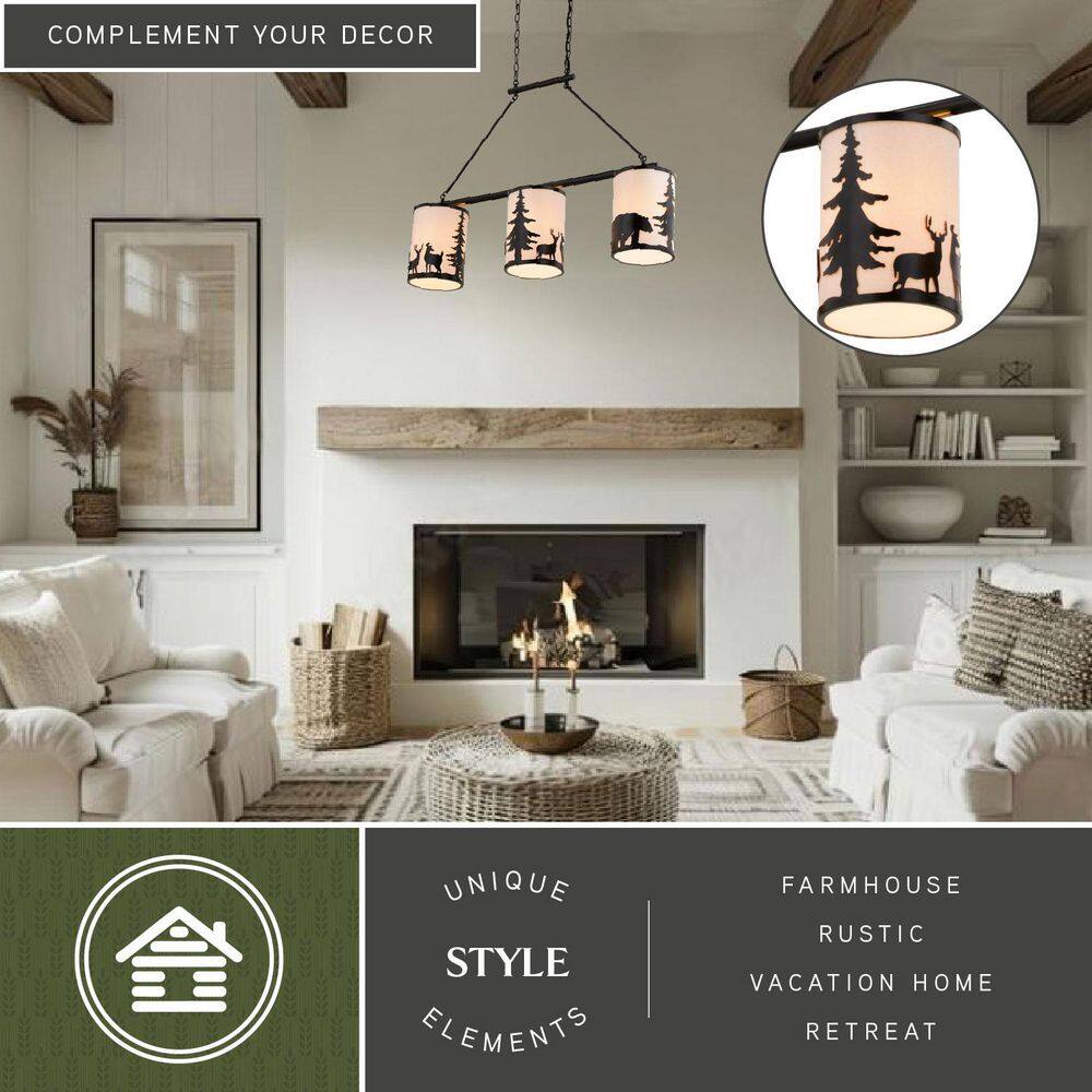 Acadia Bronze 3-Light Rustic Linear Chandelier with Linen Shades