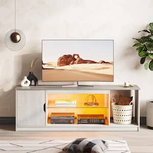 58.3 in. Wash White TV Stand Fits TV's up to 65 in. with LED Lights Entertainment Center with Glass Shelves and Cabinet