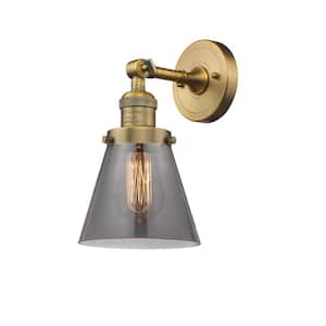 Franklin Restoration Small Cone 6.25 in. 1 Light Brushed Brass Wall Sconce with Plated Smoke Glass Shade