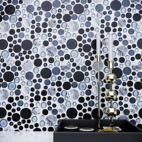Bubble Art Fusion Blue 11.82 in. x 11.82 Geometric Glossy Glass Mosaic Tile Sample
