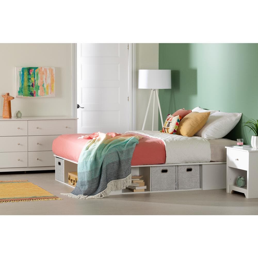 Full Oak Upholstered Storage Platform Bed with Headboard