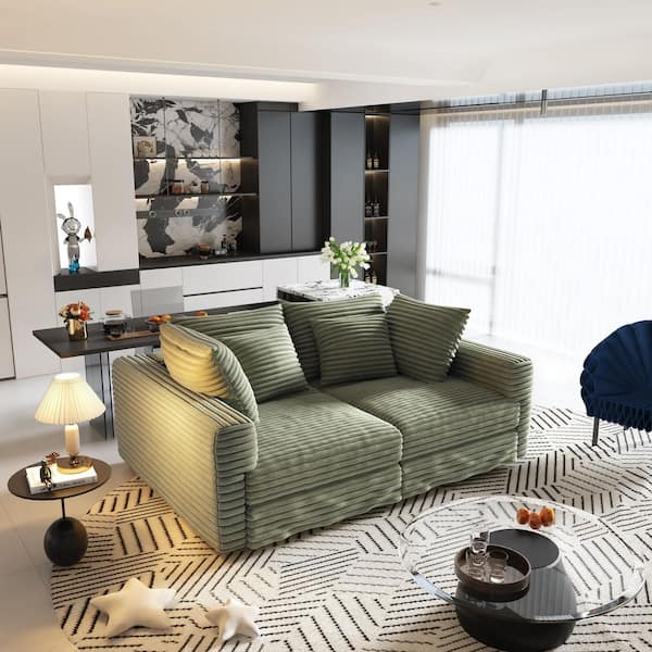 Convertible 102.4 in. Corduroy 4-Seat Sectional Sofa in. Green with 2-Pillows, Transform to Lounge Chair