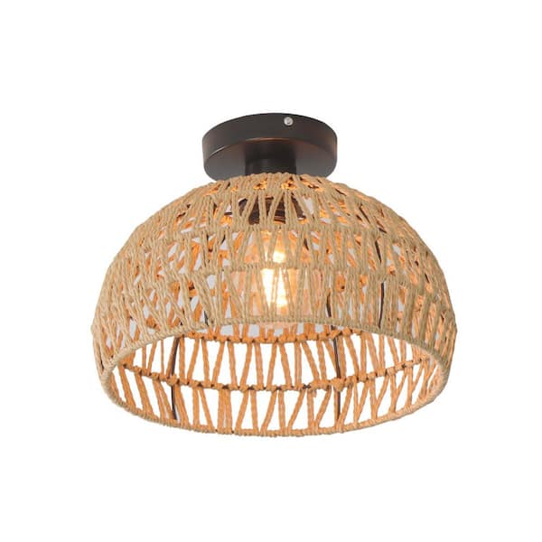 UMEILUCE 12 in. 1-Light Brown Rustic Cage Rattan Semi-Flush Mount for Entrance Hallway Dining Room, E26 Bulb Base