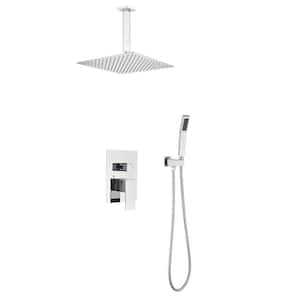 1-Spray Patterns 12 in. Ceiling Mount Square Rainfall Dual Shower Heads with Handheld in Brushed Nickel-C