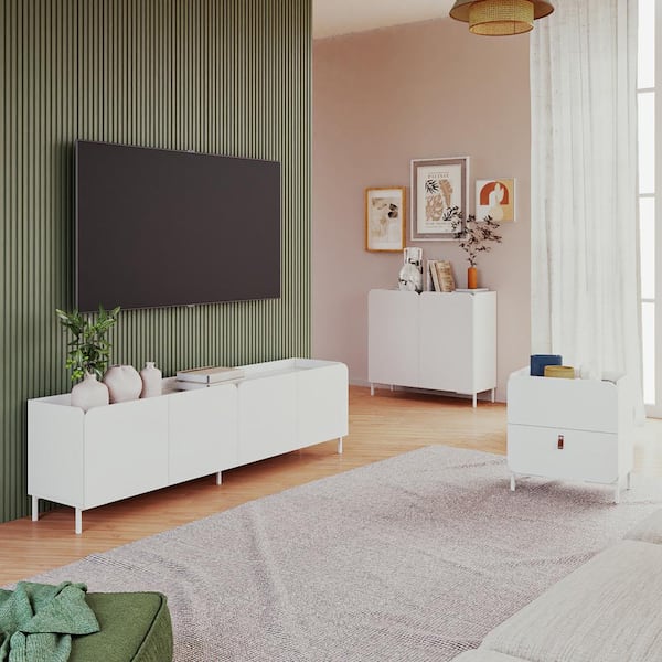 Manhattan Comfort Bogardus 3-Piece White TV Stand Living Room Set Fits TV's up to 65 in. with Accent Cabinet and End Table