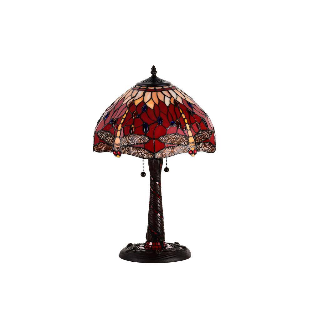 22" Red and Bronze Stained Glass Dragonfly Table Lamp