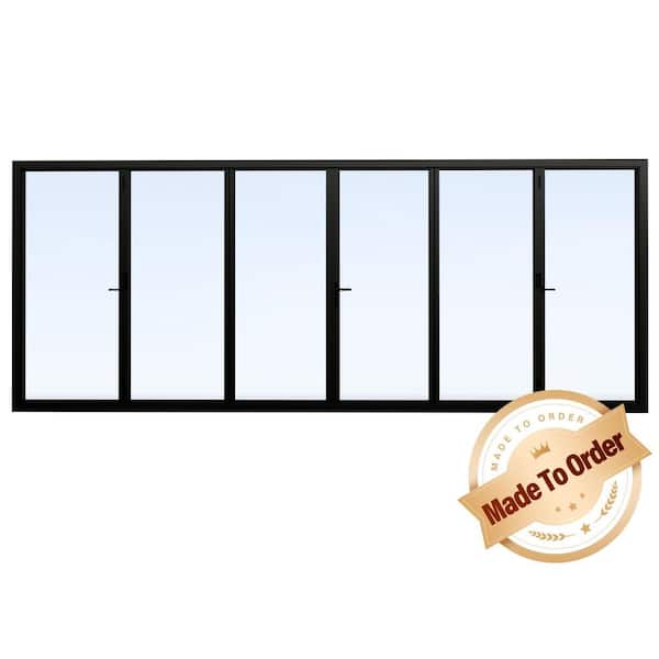180 in. x 80 in. Bi-Parting Double Tempered Glass Black Aluminum Folding Patio Door