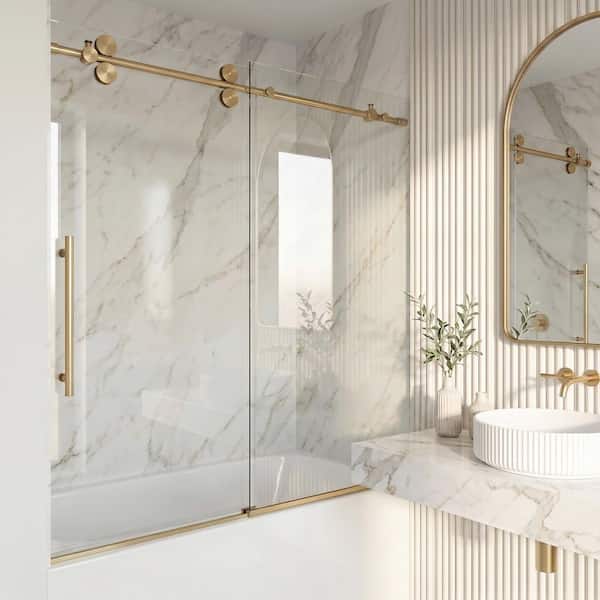 Elan 56 to 60 in. W x 66 in. H Sliding Frameless Tub Door in Matte Brushed Gold with 3/8 in. Clear Tempered Glass