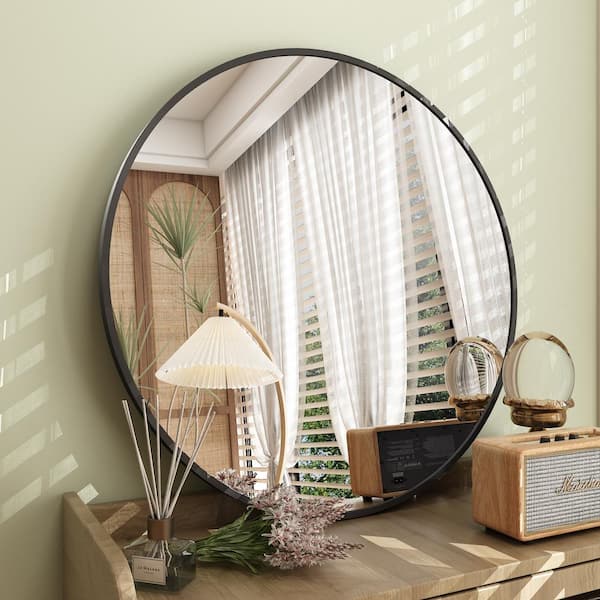 Apmir 20 in. W x 20 in. H Round Aluminum Alloy Framed French Cleat Mounted Wall Decor Bathroom Vanity Mirror in Matte Black