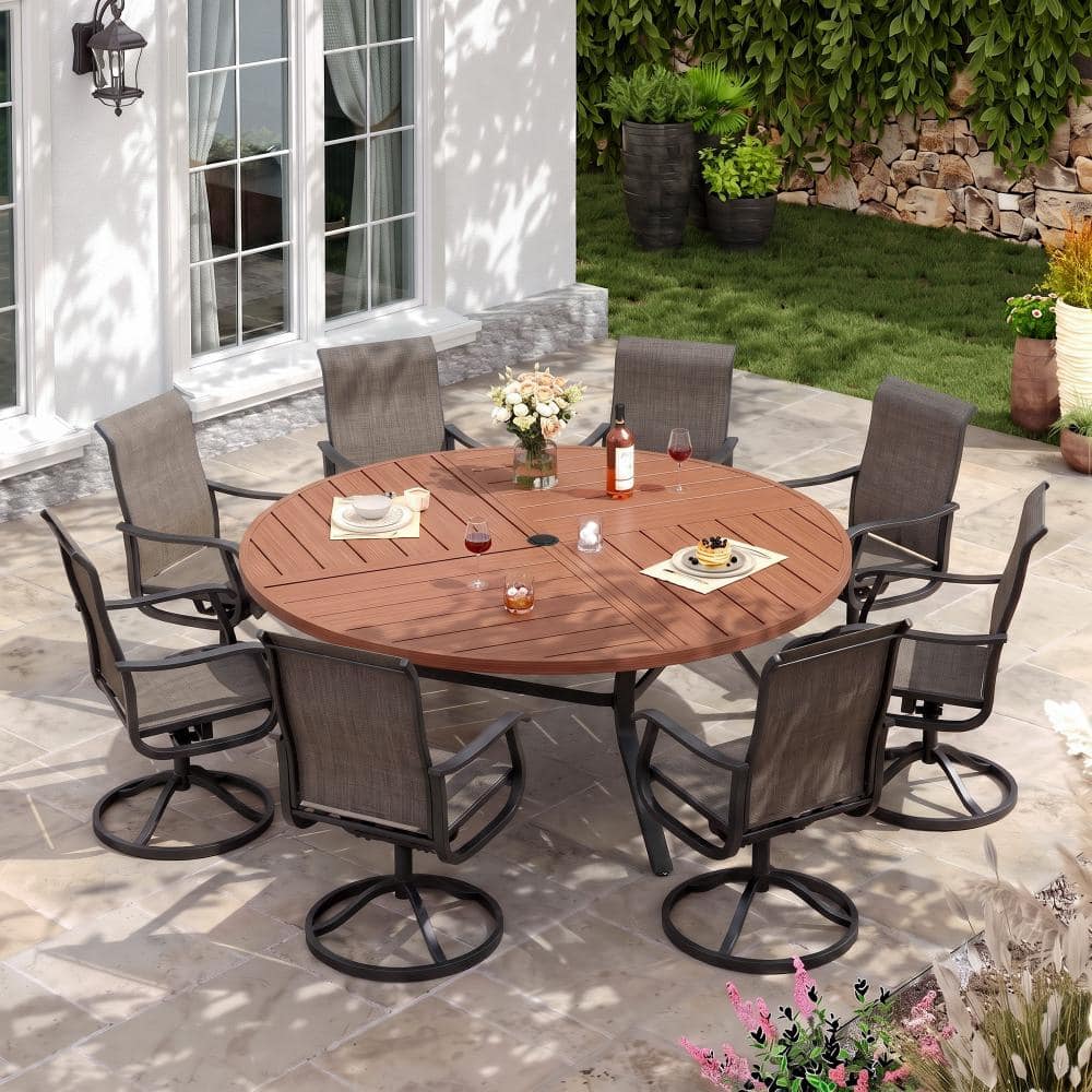 9-Piece Metal Outdoor Patio Dining Set with Round Table and High Back Padded Textilene Swivel Chairs in Brown price history on PriceWatchPro