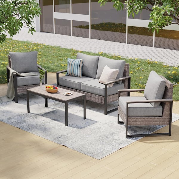 4 Pieces Patio Conversation Set with Coffee Table All-Weather Gray Wicker Loveseat Sofa with Linen Grey Cushion